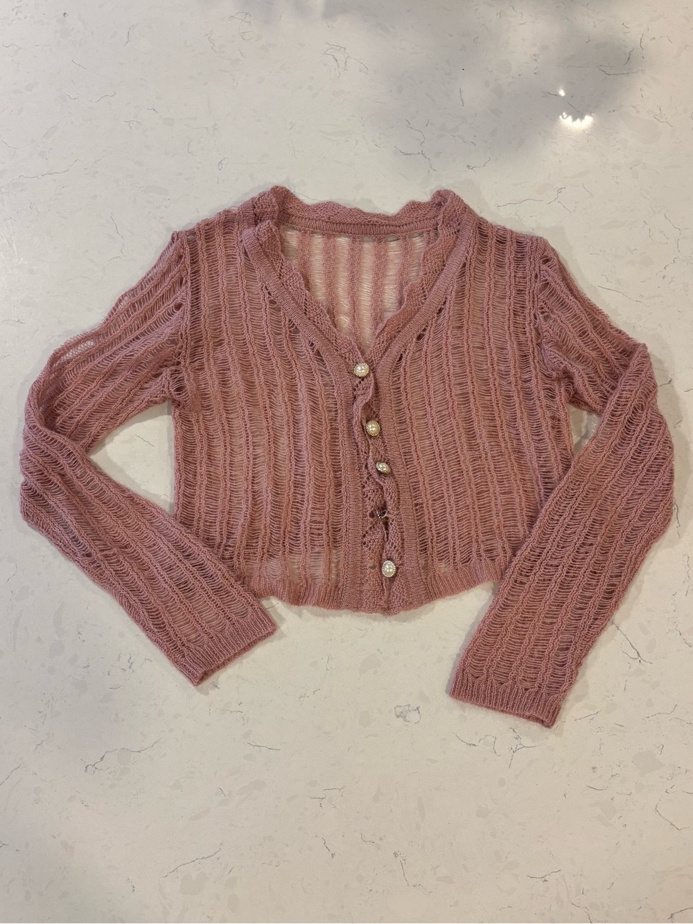 Pink Knit Cropped Button Cardigan Sweater